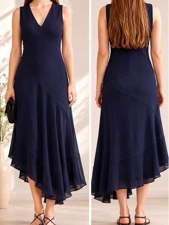 Cos Navy Asymmetrical V-Neck Floaty Minimalist Wedding Guest Midi Dress